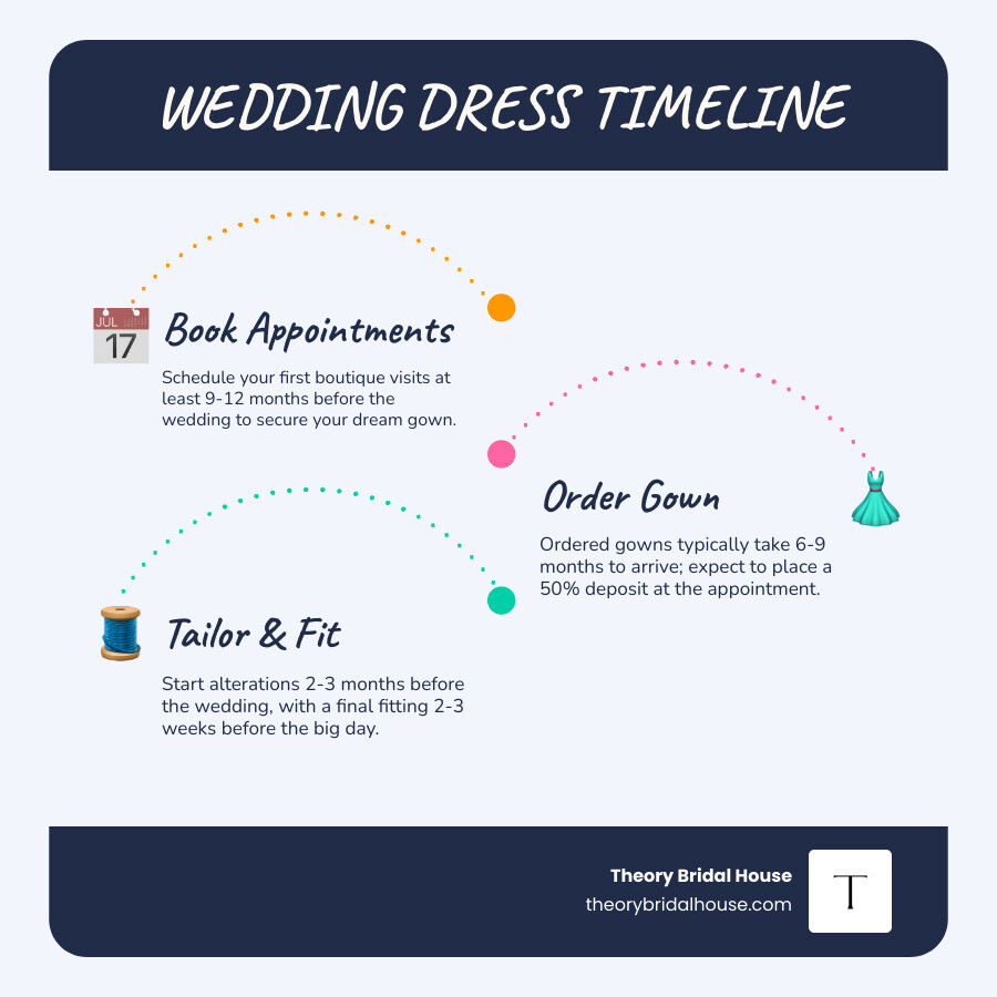Timeline infographic of the wedding dress shopping experience from booking to wedding day infographic Timeline infographic of the wedding dress shopping experience from booking to wedding day infographic