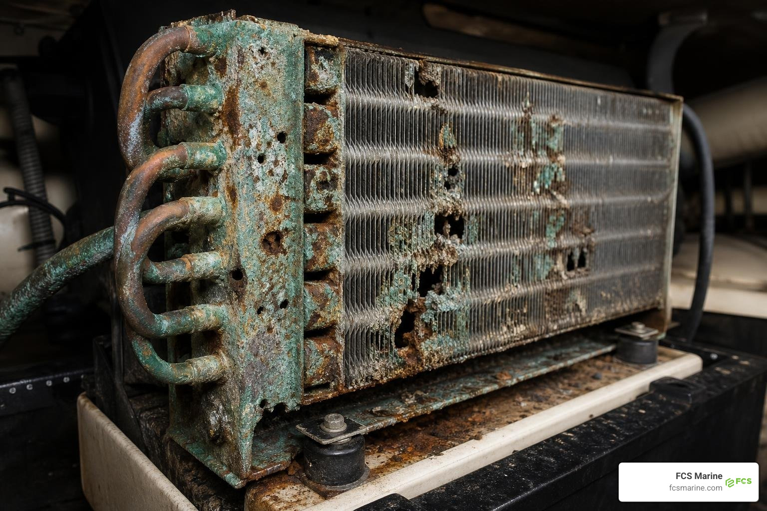 corroded marine AC condenser coil showing green scale and rust