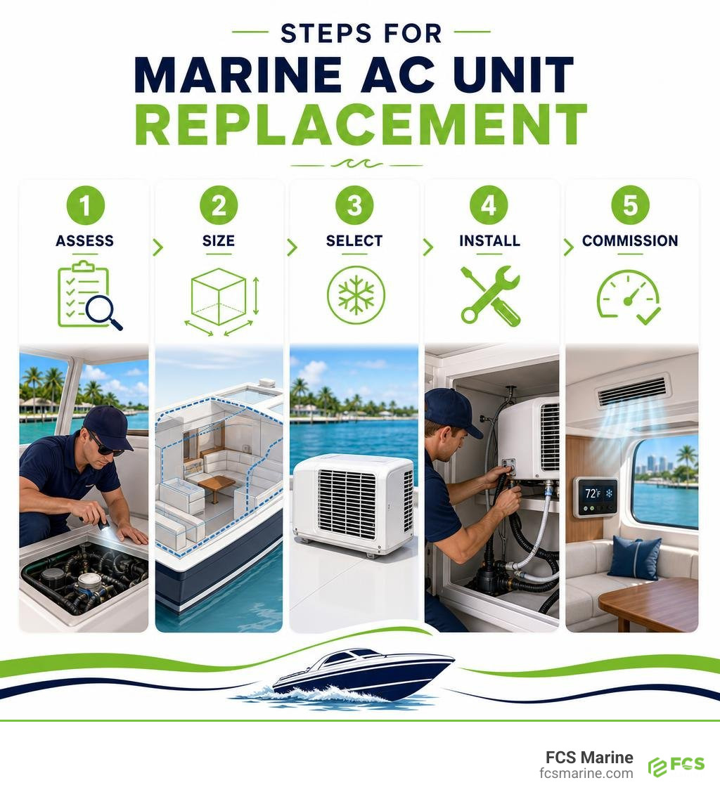 Steps for marine AC unit replacement: assess, size, select, install, and commission infographic