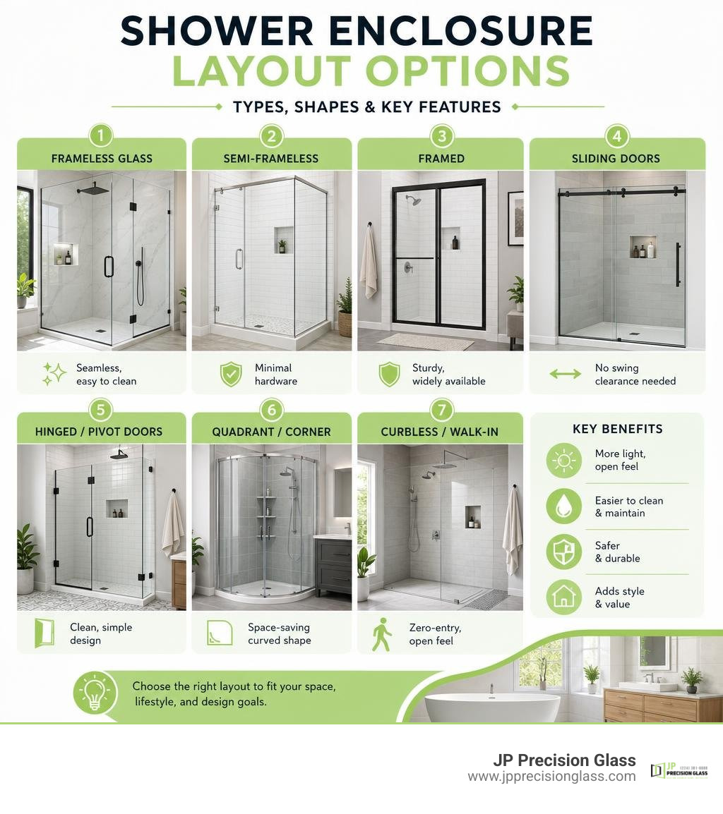 shower enclosure layout options comparison infographic — types, shapes, and key features infographic shower enclosure layout options comparison infographic — types, shapes, and key features infographic