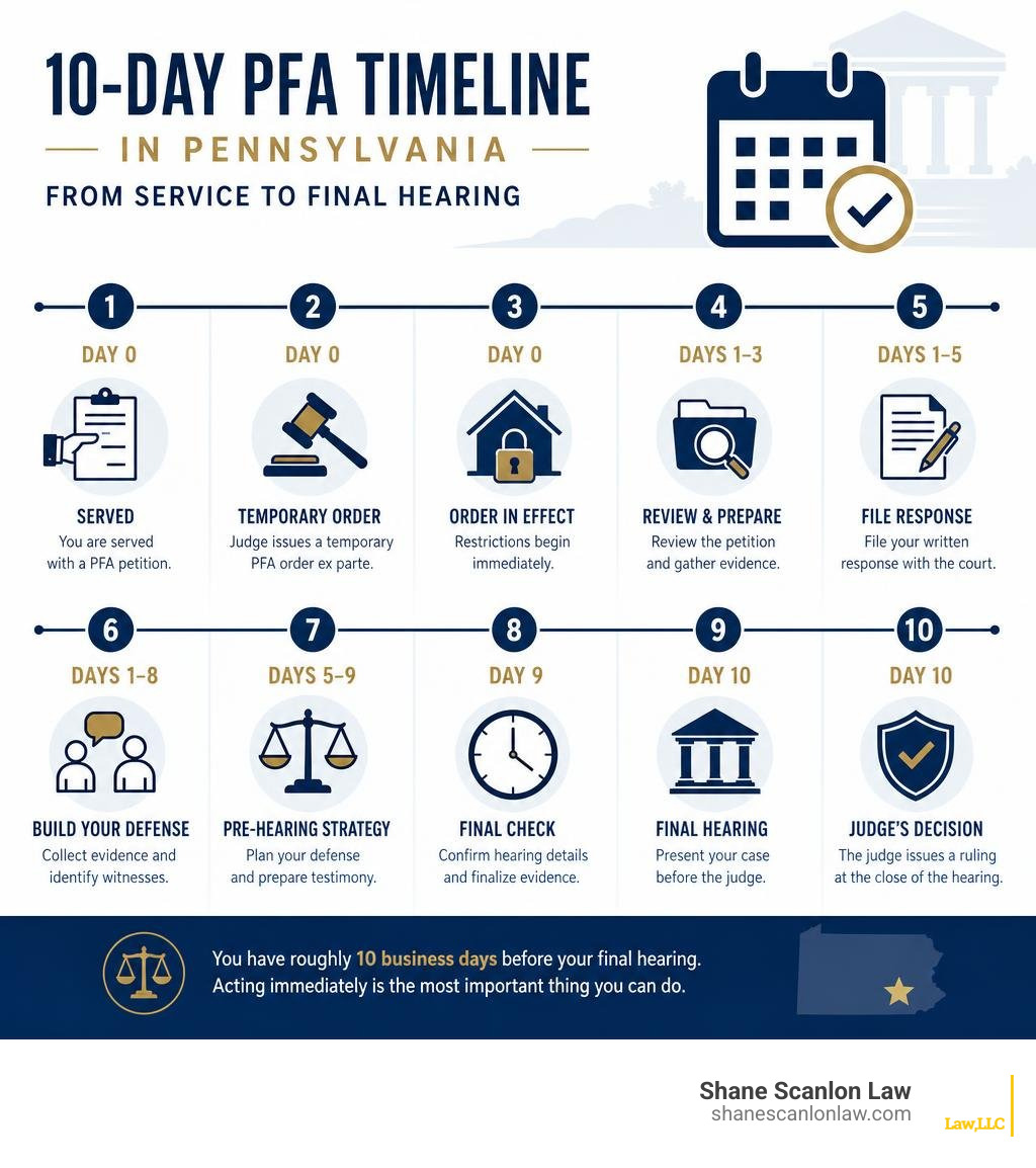 10-day PFA timeline in Pennsylvania from service to final hearing steps infographic 10-day PFA timeline in Pennsylvania from service to final hearing steps infographic
