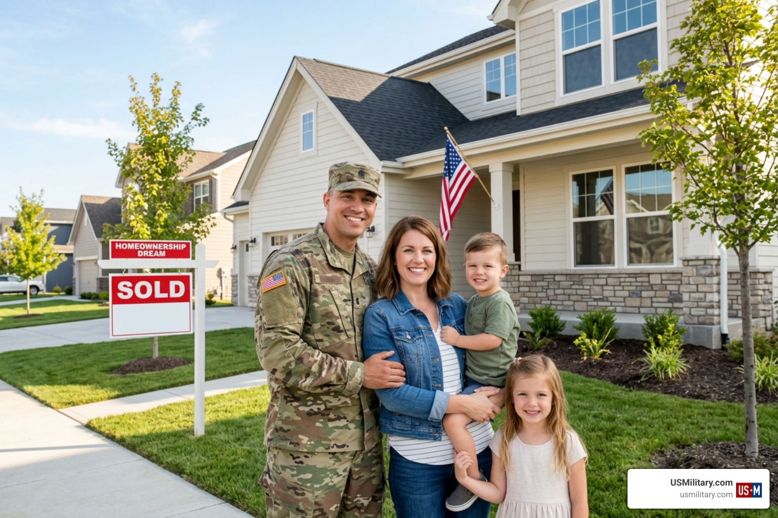 military family standing in front of their new home military family standing in front of their new home