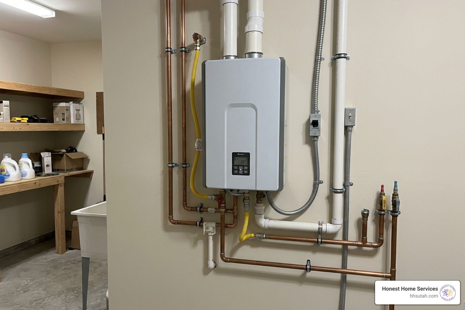 modern tankless water heater system installed on a wall modern tankless water heater system installed on a wall