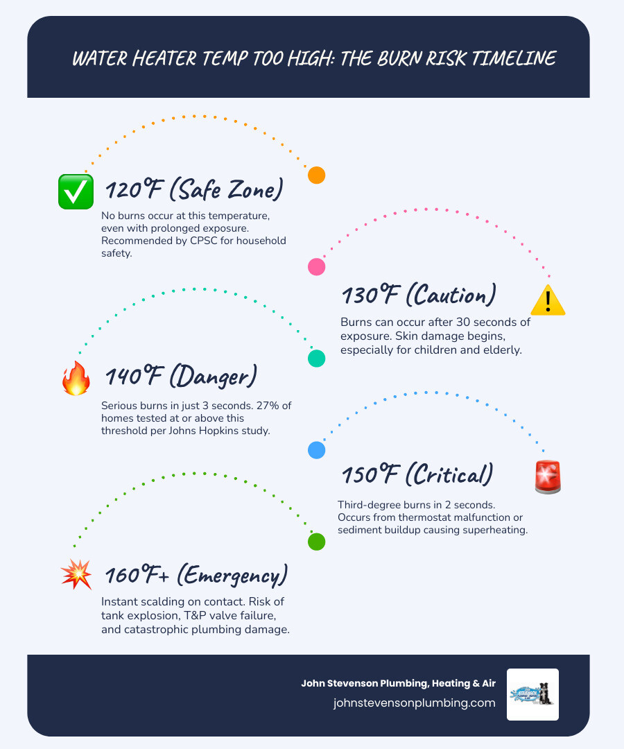 infographic showing safe water heater temperature ranges, burn times, and key risks at 120°F, 130°F, 140°F, and 150°F infographic showing safe water heater temperature ranges, burn times, and key risks at 120°F, 130°F, 140°F, and 150°F