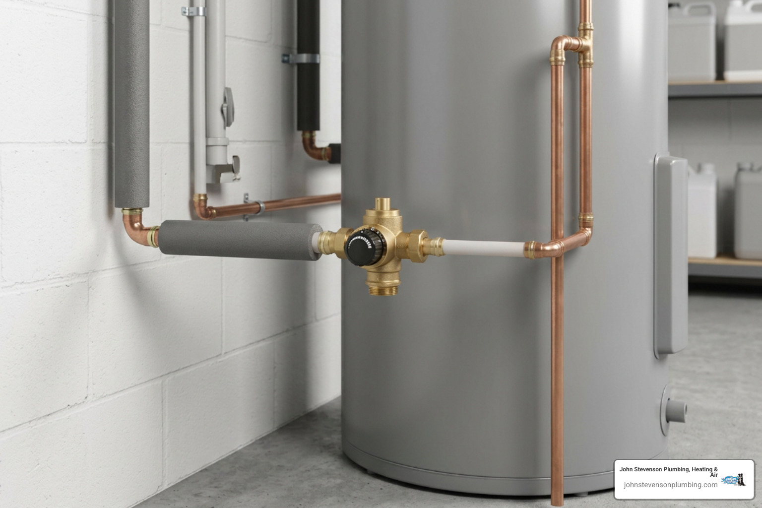 thermostatic mixing valve installed on a home water heater to mix hot and cold water safely thermostatic mixing valve installed on a home water heater to mix hot and cold water safely