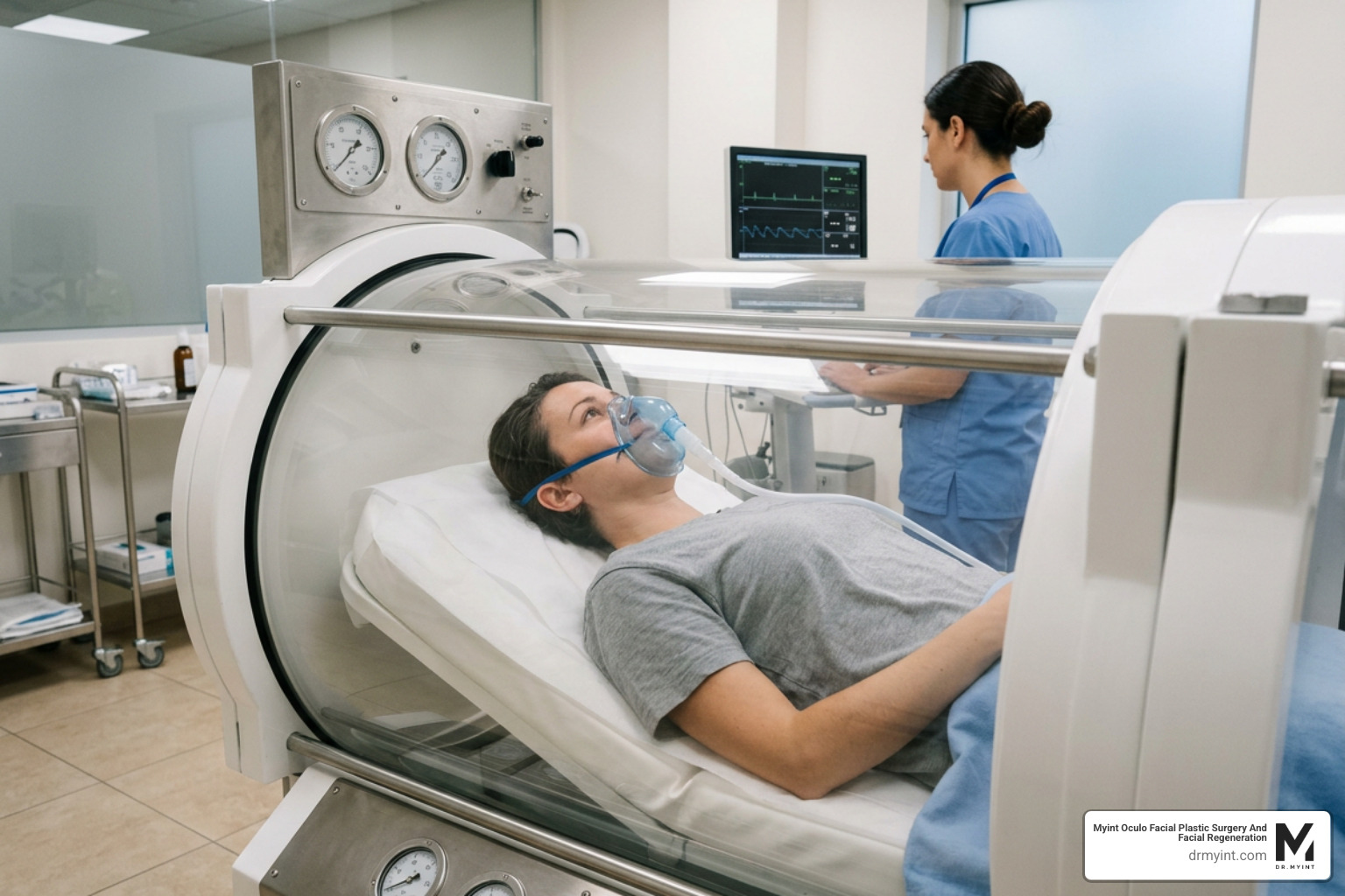 A state-of-the-art hyperbaric oxygen chamber used to accelerate healing and reduce swelling after facial surgery