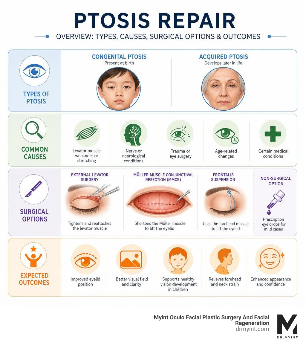 Overview infographic: types of ptosis, causes, surgical options, and expected outcomes infographic