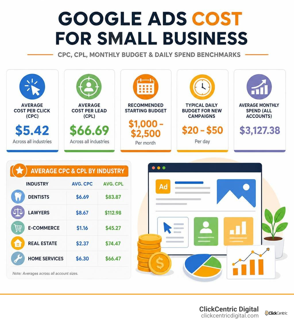 Google Ads cost for small business: CPC, CPL, monthly budget, and daily spend benchmarks by industry infographic