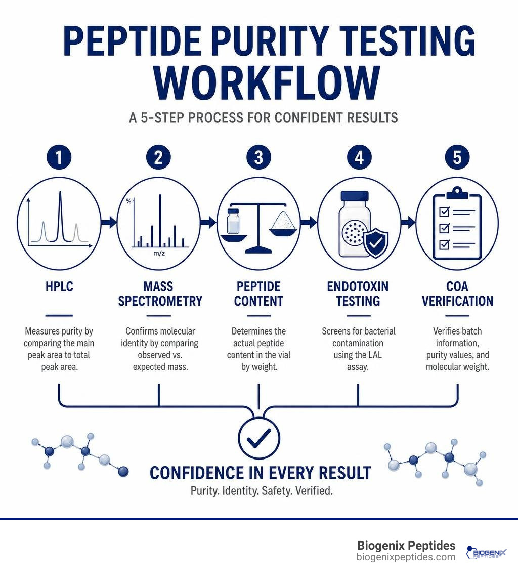Peptide purity testing workflow infographic: HPLC, mass spectrometry, COA verification, endotoxin testing infographic
