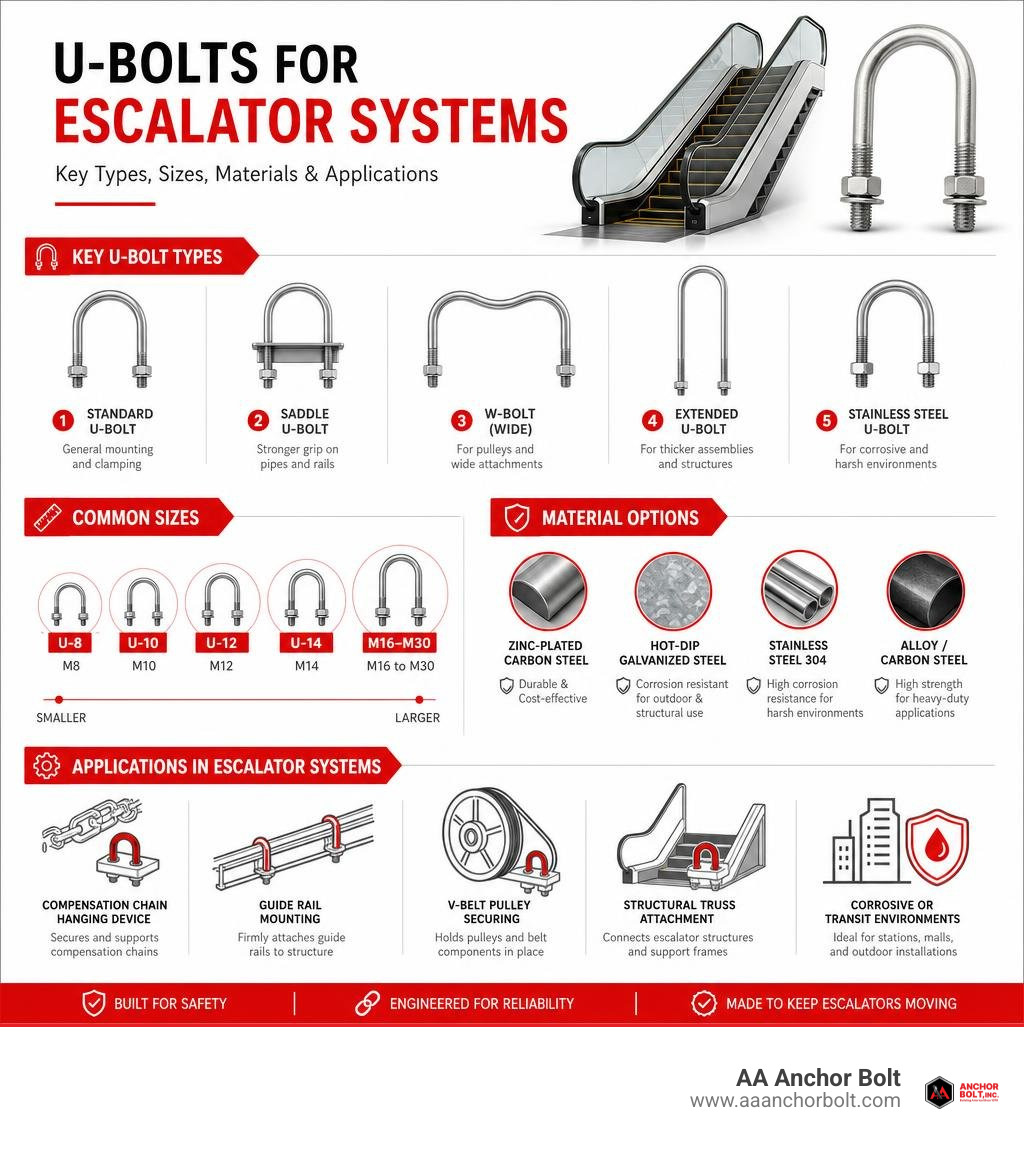 Key U-bolt types, sizes, materials, and applications for escalator systems infographic Key U-bolt types, sizes, materials, and applications for escalator systems infographic