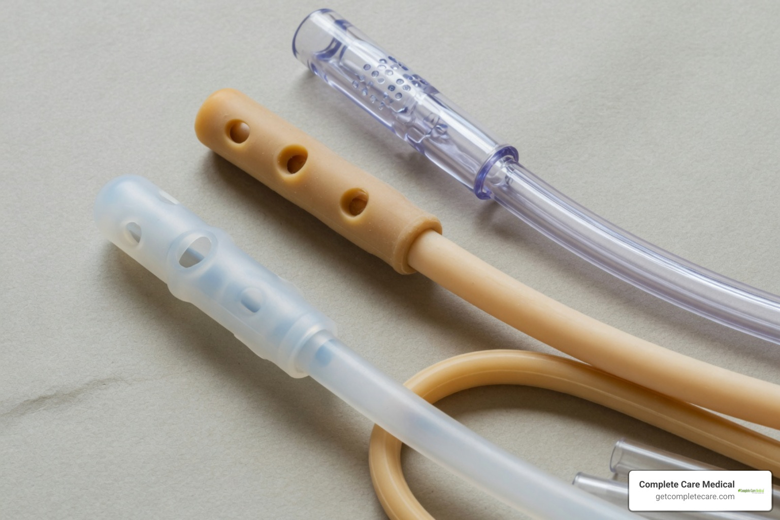 Close-up of different catheter tips and materials - urology catheter guide