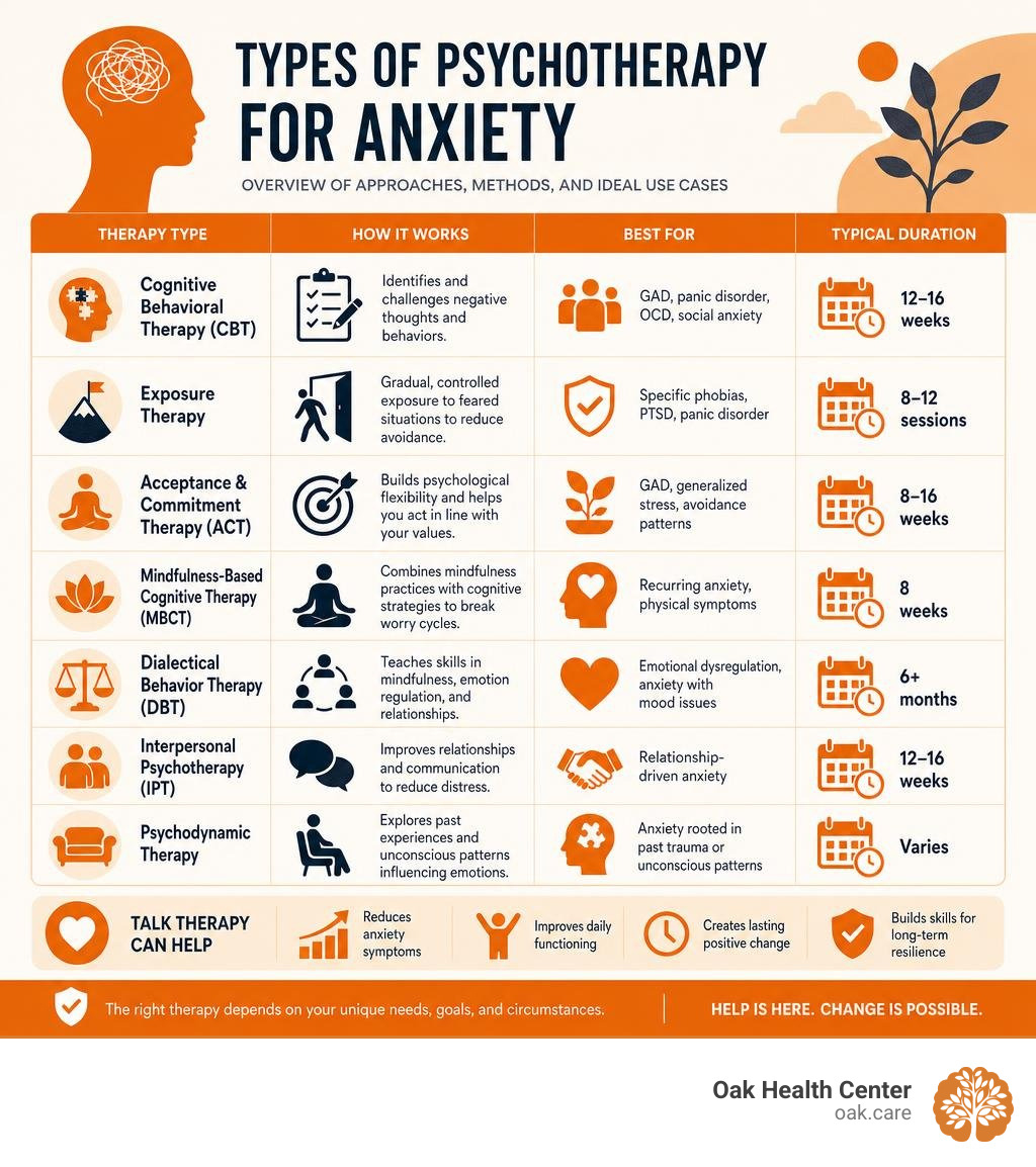 Overview infographic of therapy types for anxiety, their methods, and ideal use cases infographic Overview infographic of therapy types for anxiety, their methods, and ideal use cases infographic