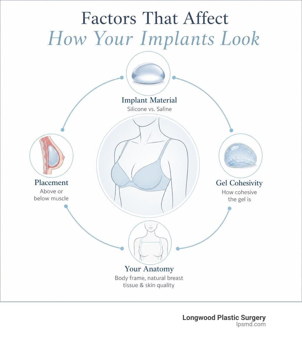 Key factors that determine breast implant naturalness: material, gel cohesivity, placement, and anatomy infographic Key factors that determine breast implant naturalness: material, gel cohesivity, placement, and anatomy infographic