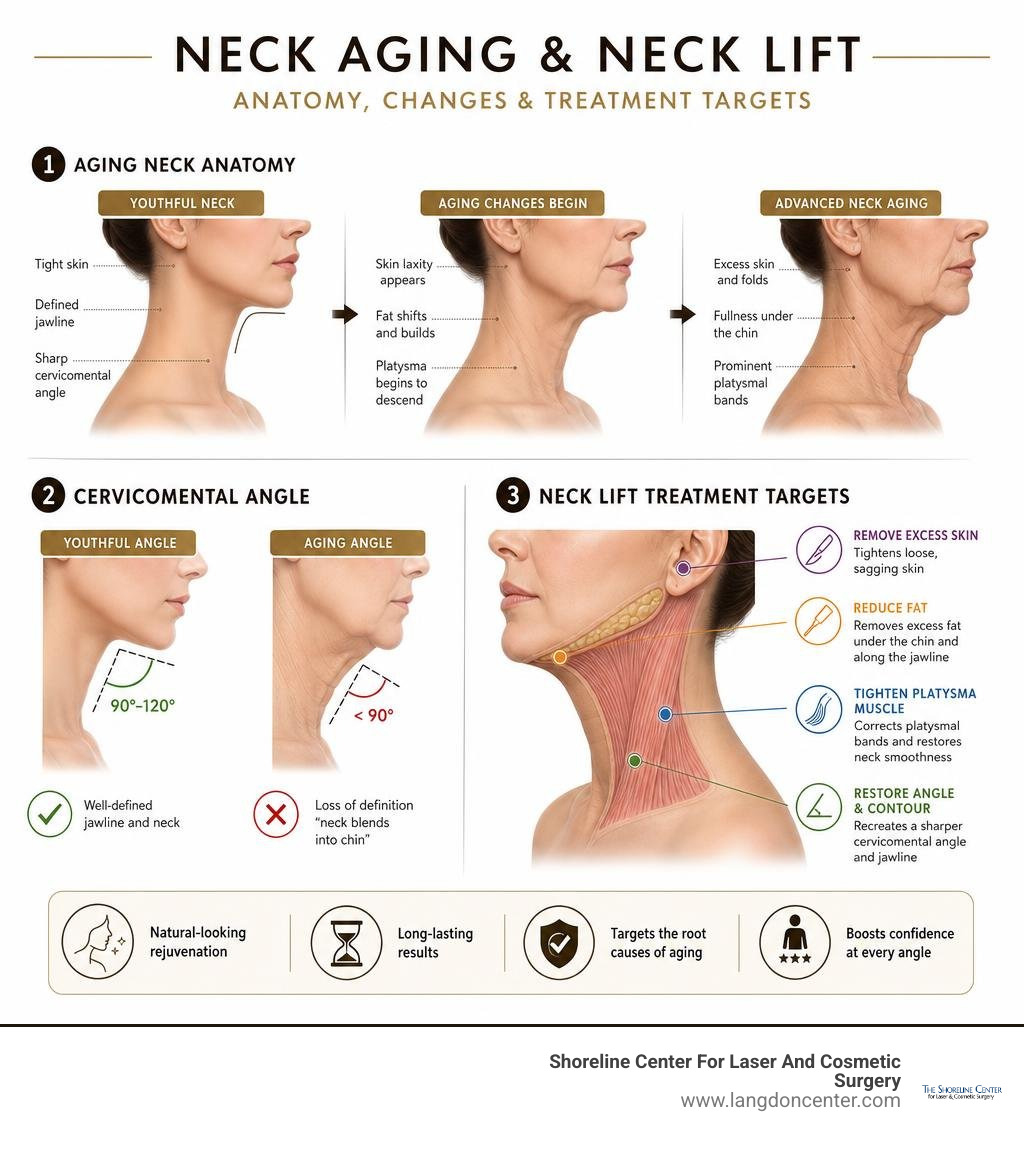 Infographic showing aging neck anatomy, platysmal bands, cervicomental angle, and neck lift treatment targets infographic