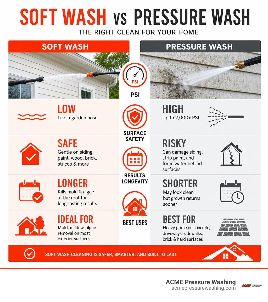 Infographic comparing exterior house soft wash vs pressure washing: PSI, surface safety, results longevity, and best uses