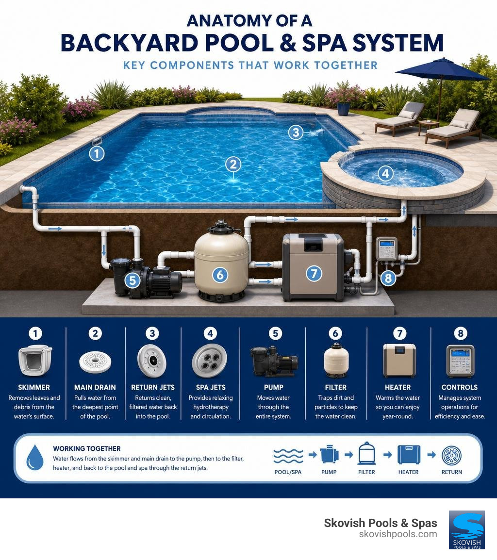 Anatomy of a backyard pool and spa system showing key components infographic Anatomy of a backyard pool and spa system showing key components infographic