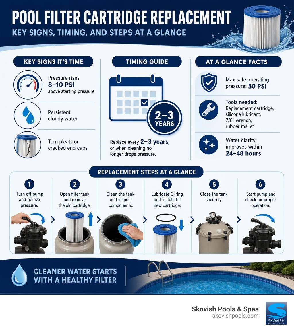 How pool filter cartridge replacement works: key signs, timing, and steps at a glance infographic