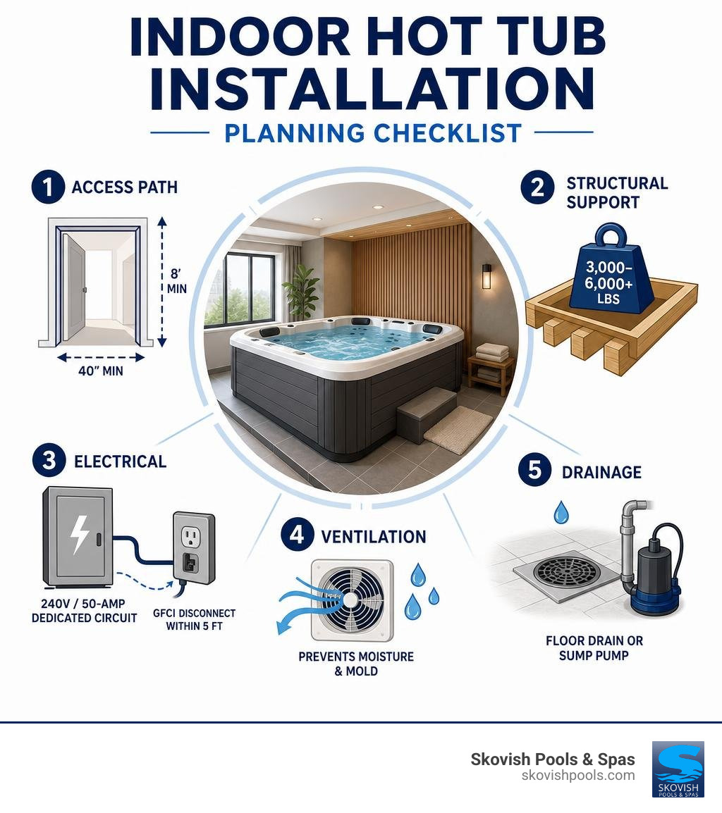 Indoor hot tub installation planning checklist infographic: access path, structural support, electrical, ventilation