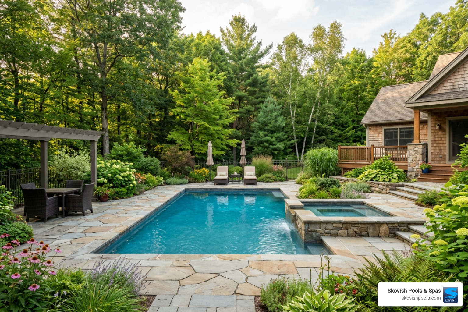 Fresh landscaped backyard pool and spa with patio hardscaping Fresh landscaped backyard pool and spa with patio hardscaping
