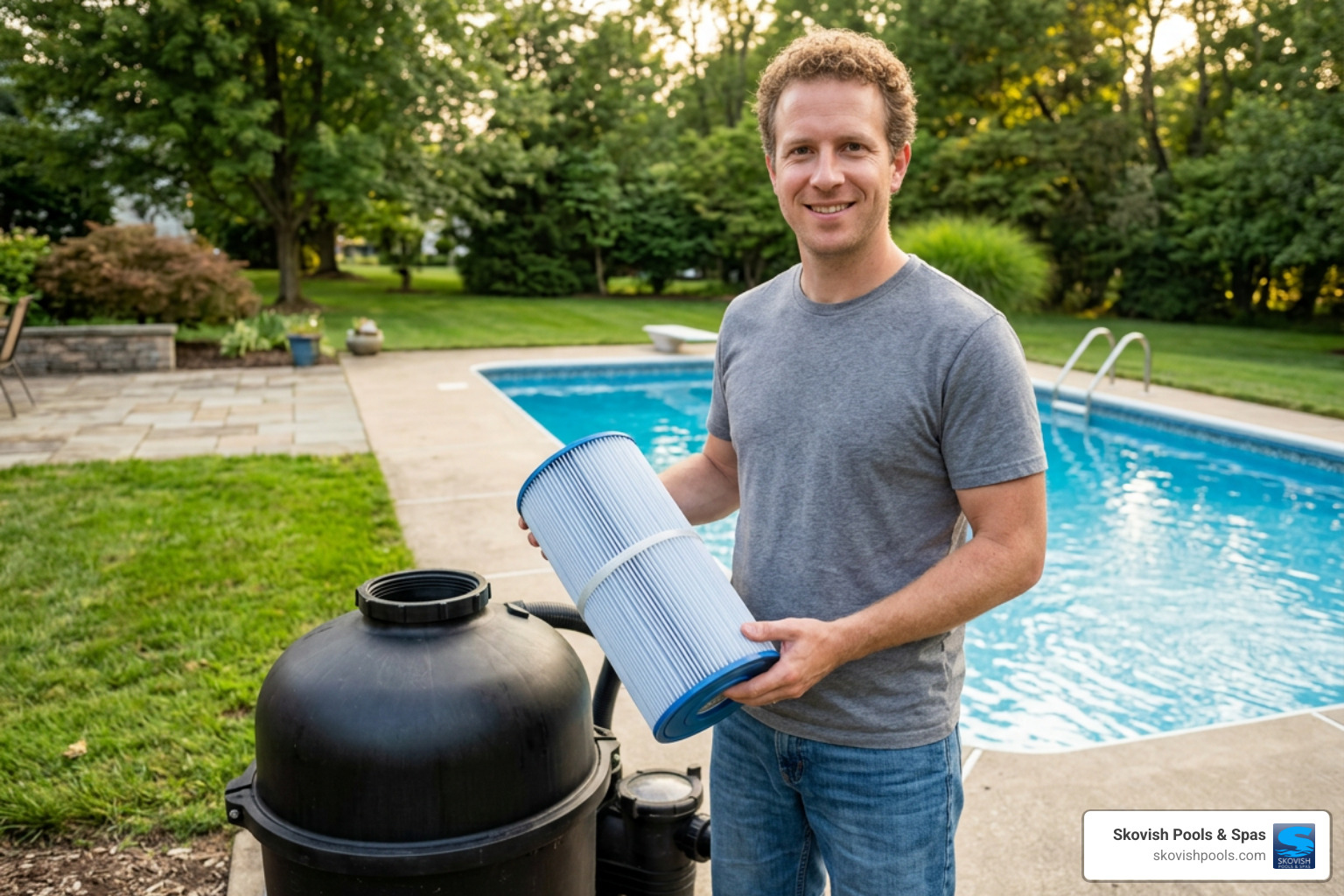 Pool filter cartridge installed or held by a happy homeowner