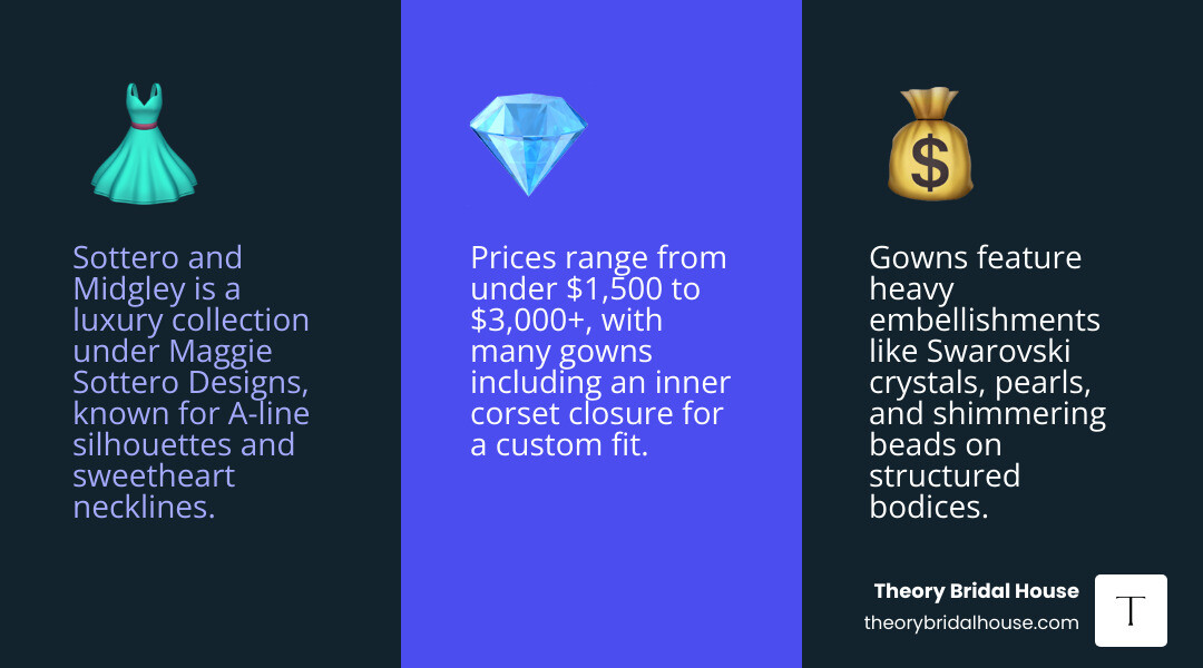 Sottero and Midgley brand family infographic showing three collections, price tiers, and key design features infographic