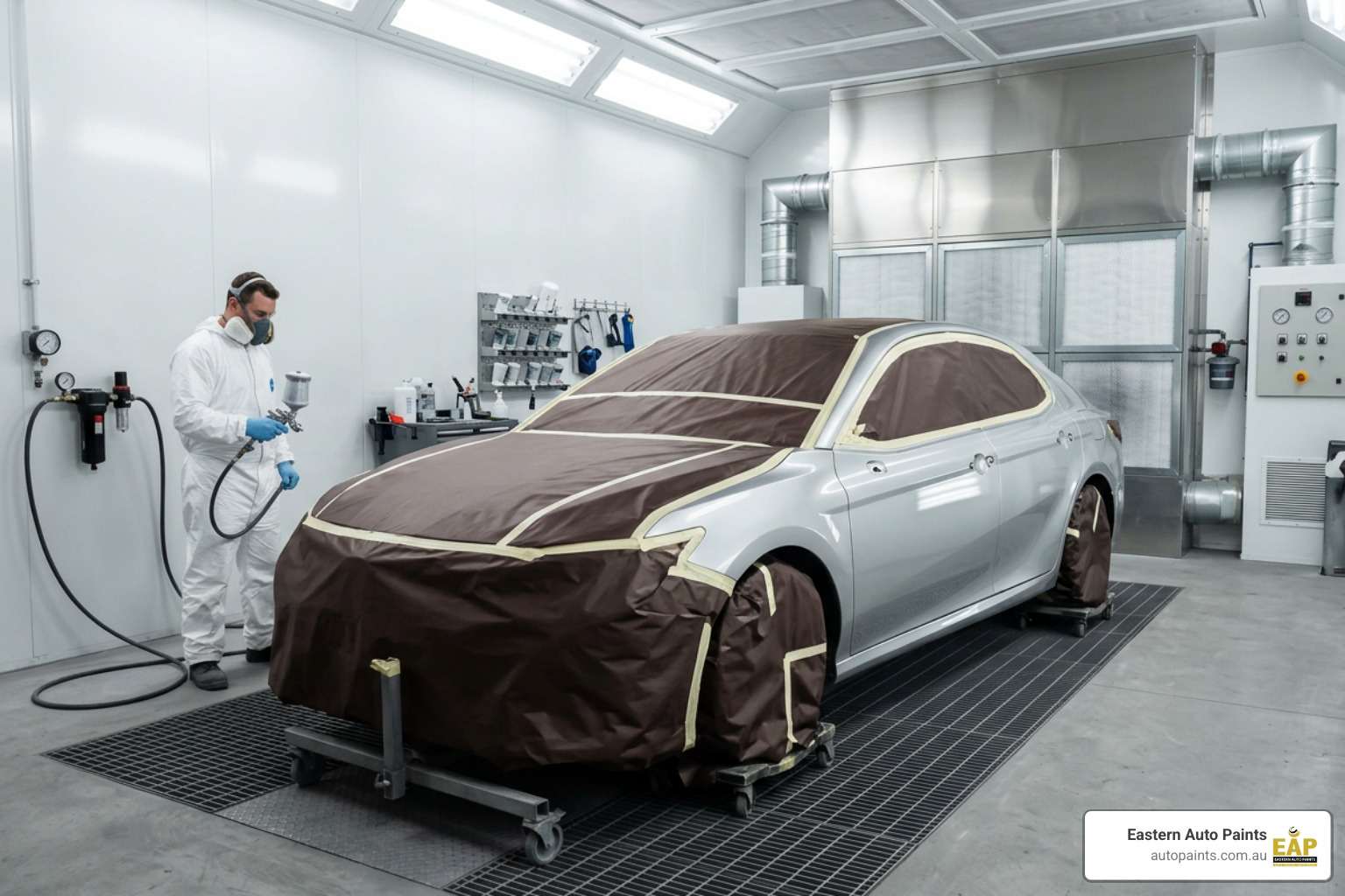 A clean professional automotive spray booth with a vehicle prepared for clear coat application A clean professional automotive spray booth with a vehicle prepared for clear coat application