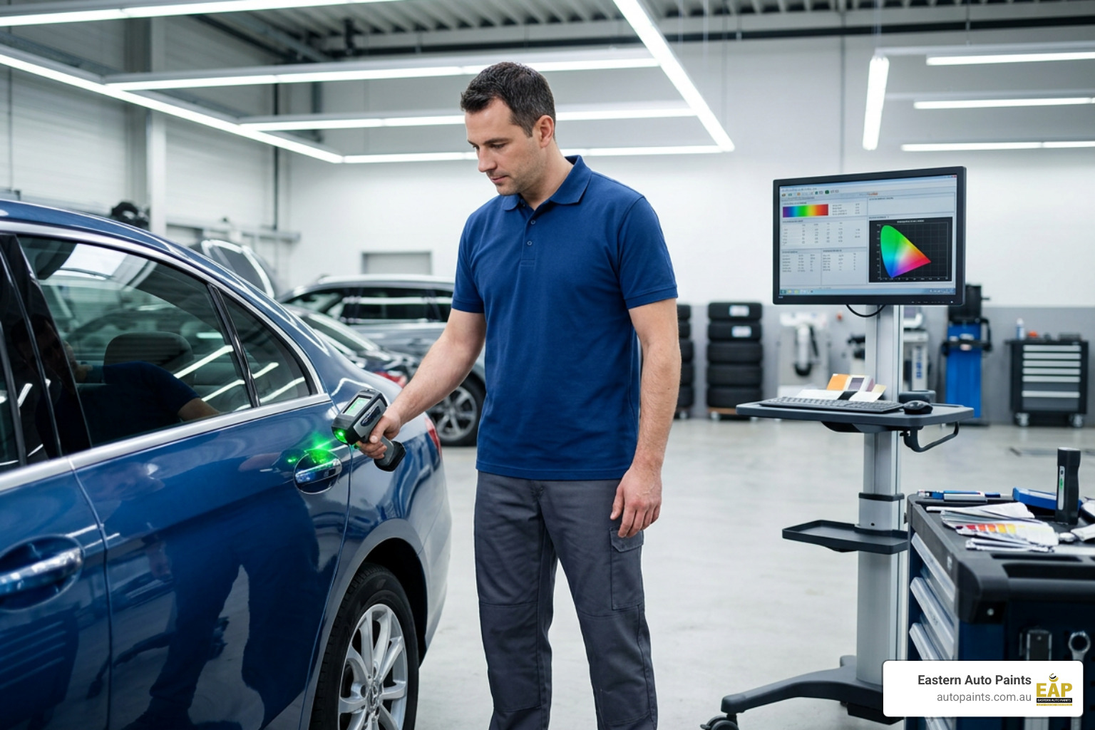 Automotive paint colour matching spectrometer scanning car panel