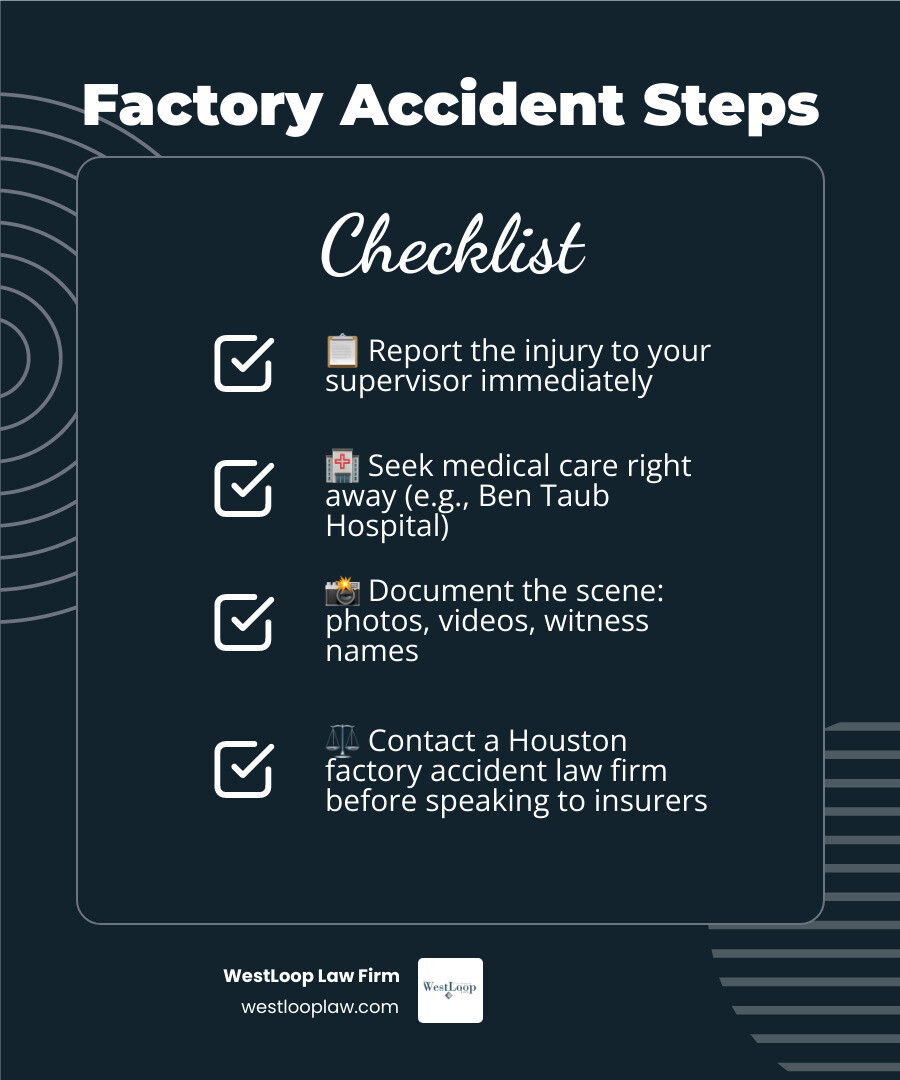 Steps to take after a factory accident in Houston, from reporting to filing a claim infographic Steps to take after a factory accident in Houston, from reporting to filing a claim infographic