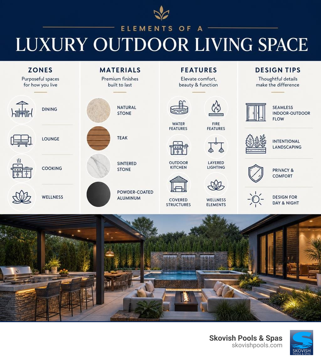 Elements of a luxury outdoor living space infographic showing zones, materials, features, and design tips infographic Elements of a luxury outdoor living space infographic showing zones, materials, features, and design tips infographic