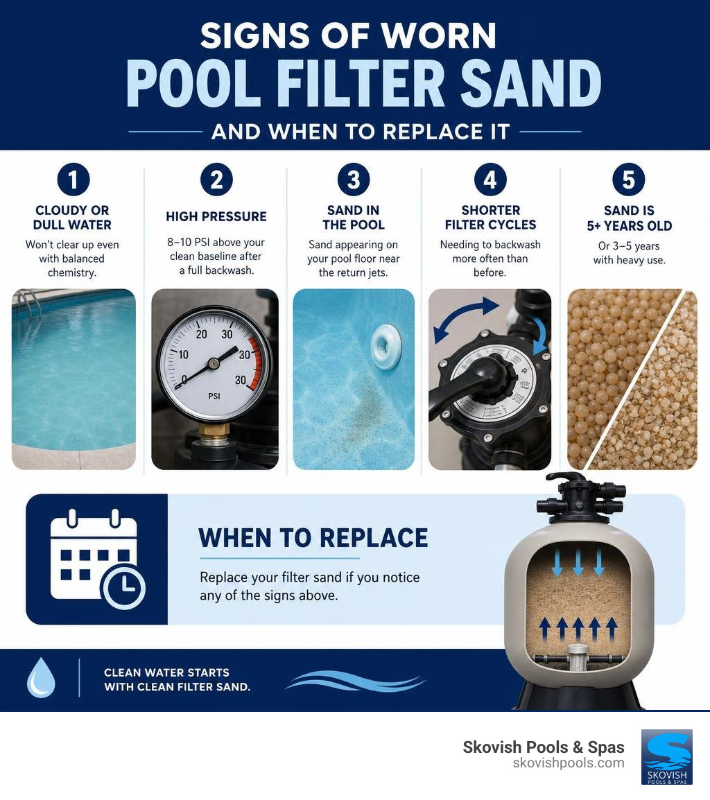 infographic showing signs of worn pool filter sand and when to replace it infographic