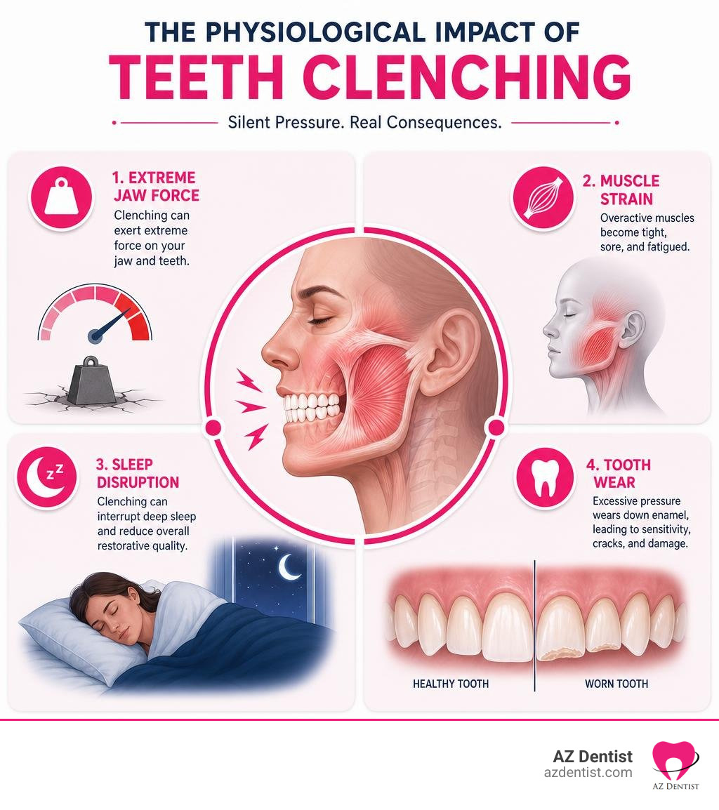 Infographic showing physiological impact of teeth clenching including jaw force, muscle strain, sleep disruption, and tooth