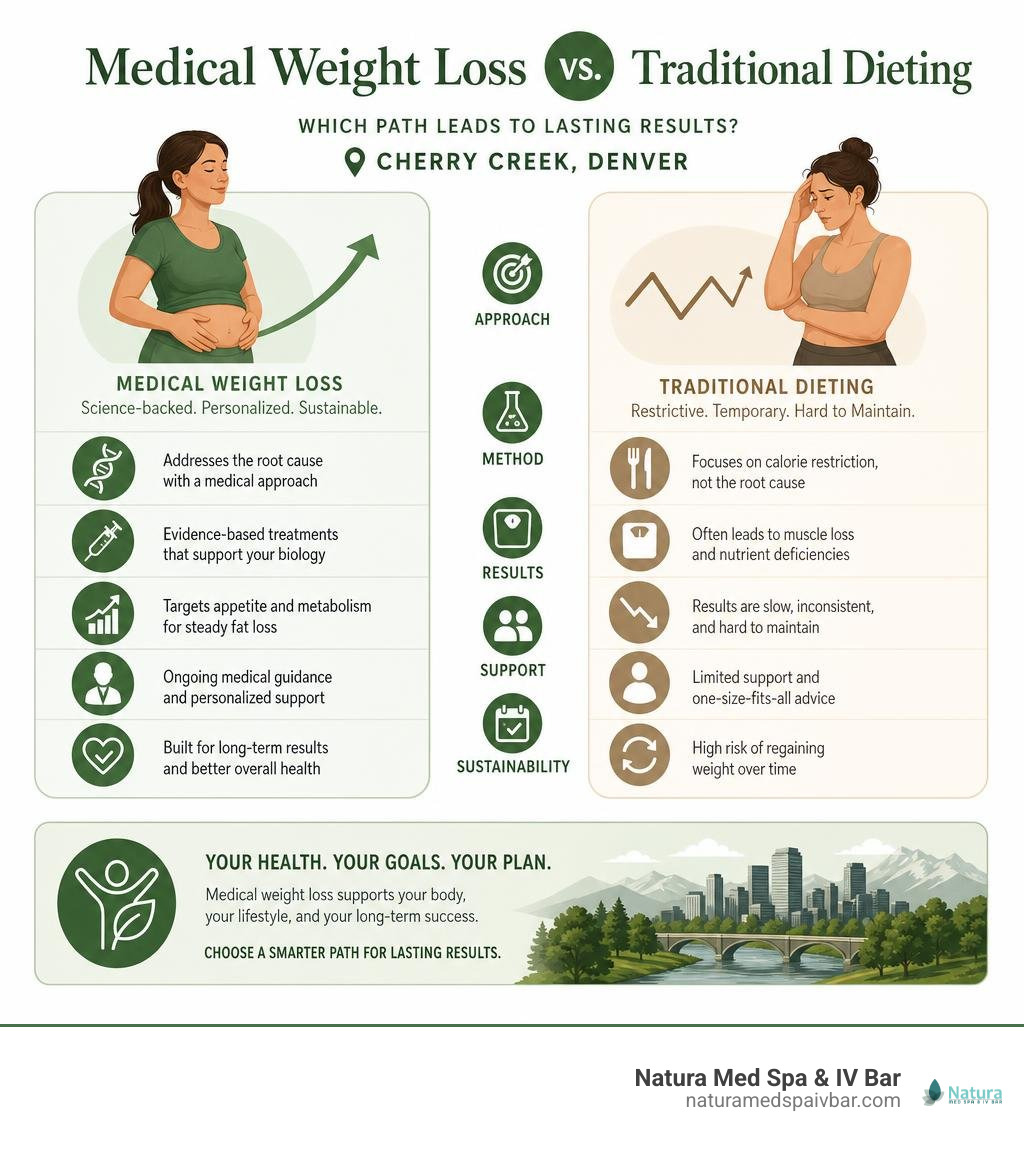 Medical weight loss vs traditional dieting comparison infographic for Cherry Creek Denver infographic Medical weight loss vs traditional dieting comparison infographic for Cherry Creek Denver infographic