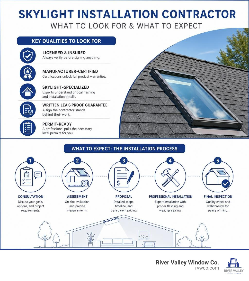 Key qualities to look for in a skylight installation contractor and what to expect from the process infographic Key qualities to look for in a skylight installation contractor and what to expect from the process infographic