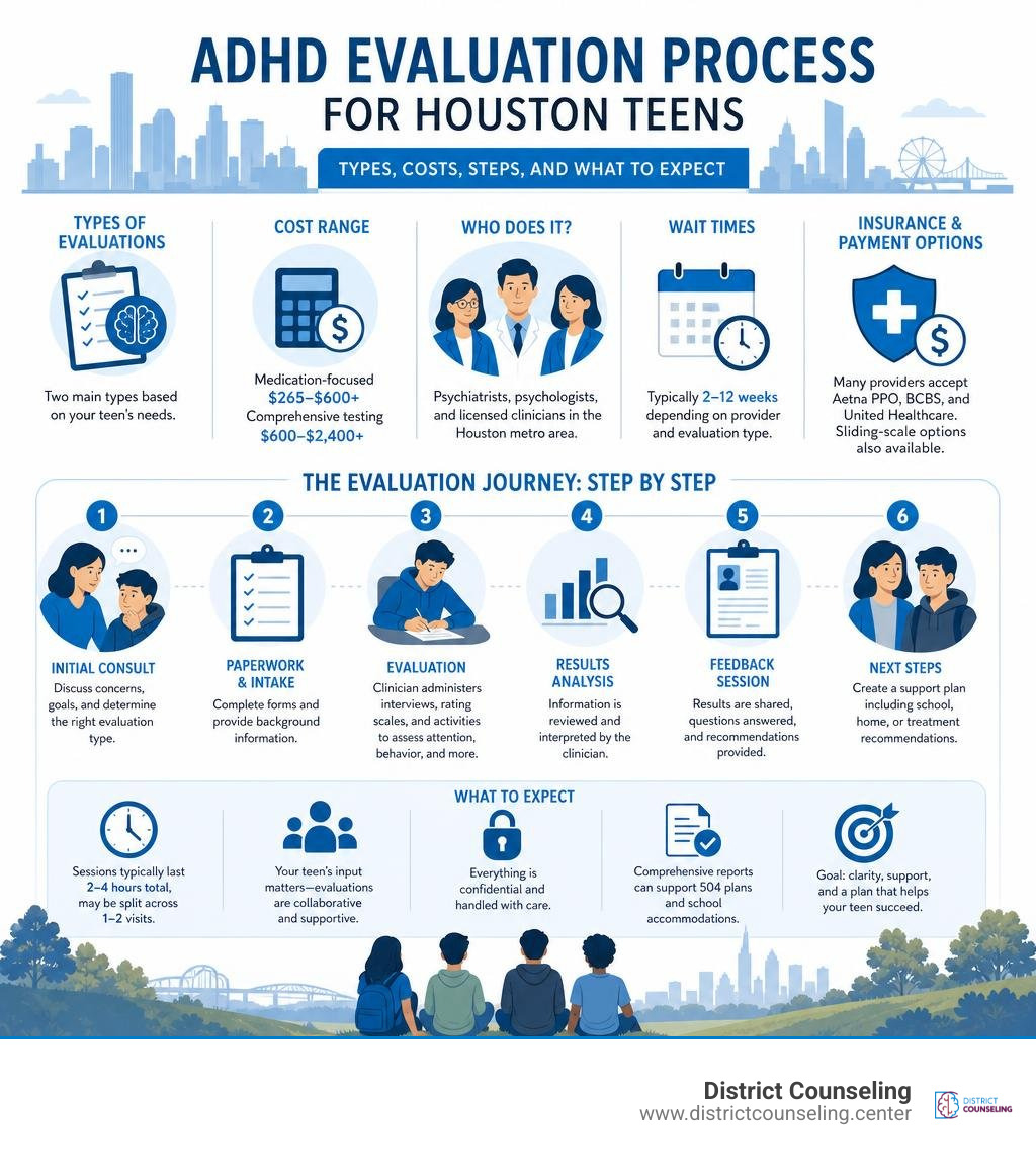 ADHD evaluation process for Houston teens — types, costs, steps, and what to expect infographic ADHD evaluation process for Houston teens — types, costs, steps, and what to expect infographic