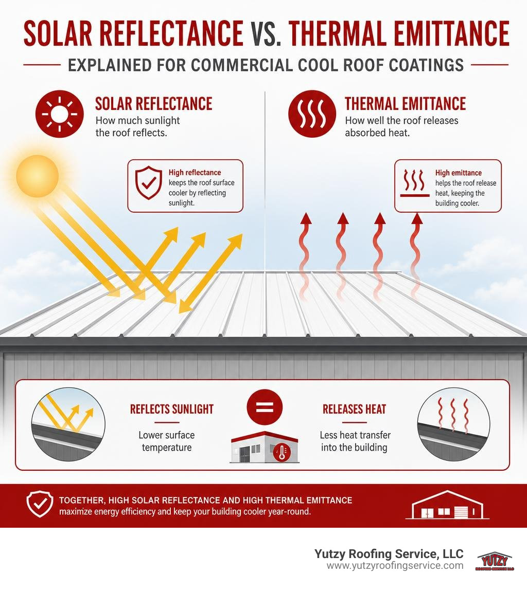 Solar reflectance vs thermal emittance explained for commercial cool roof coatings infographic Solar reflectance vs thermal emittance explained for commercial cool roof coatings infographic