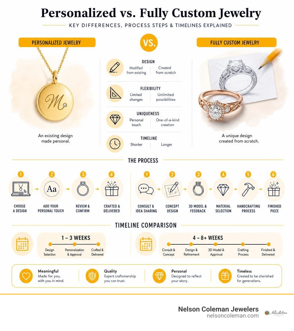Personalized vs. fully custom jewelry: key differences, process steps, and timelines explained infographic