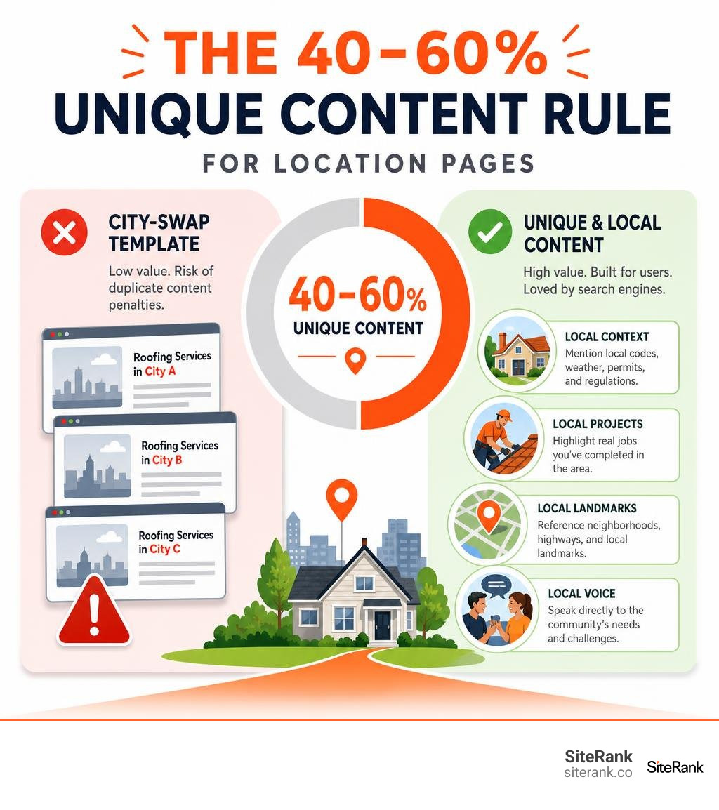 Infographic displaying the 40-60 percent unique content rule for location pages infographic Infographic displaying the 40-60 percent unique content rule for location pages infographic