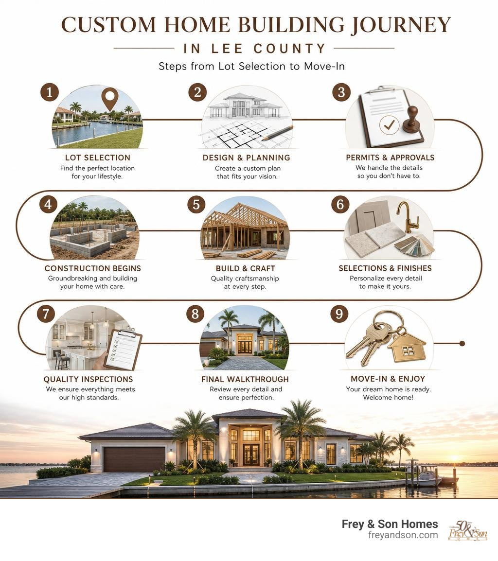 Custom home building journey in Lee County: steps from lot selection to move-in infographic Custom home building journey in Lee County: steps from lot selection to move-in infographic