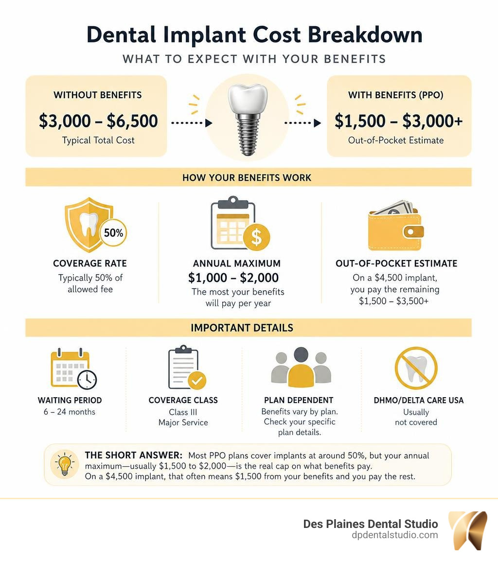 Delta Dental implant cost breakdown showing coverage rates, annual maximums, and out-of-pocket estimates infographic Delta Dental implant cost breakdown showing coverage rates, annual maximums, and out-of-pocket estimates infographic