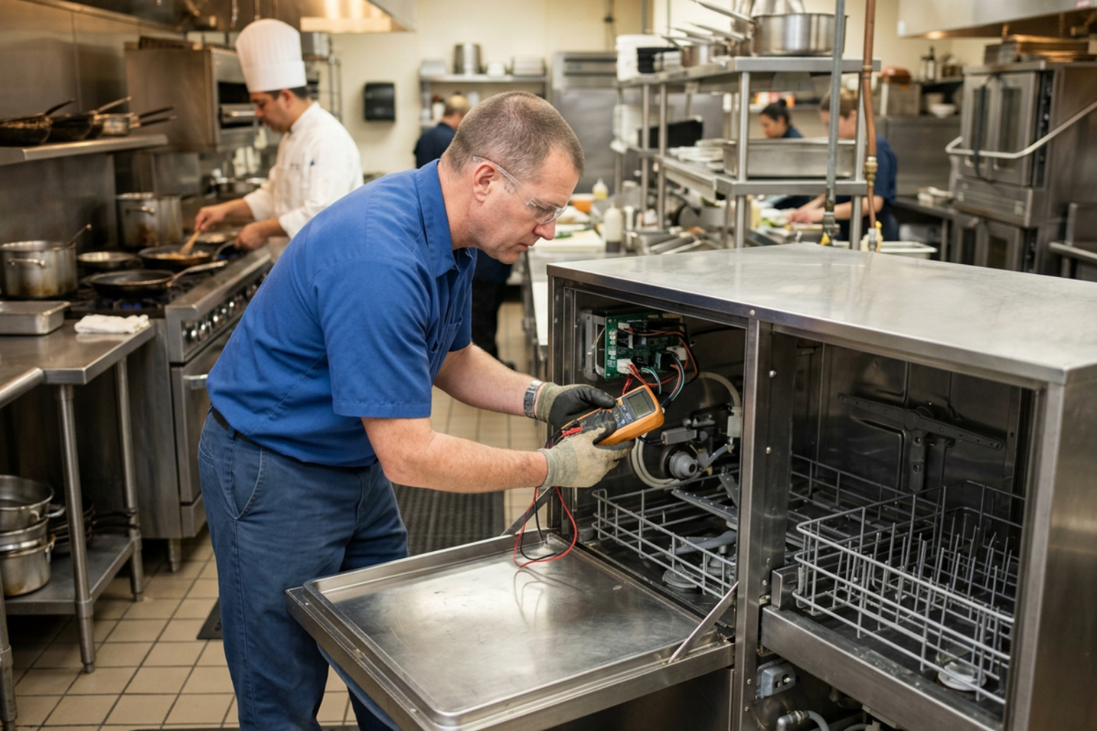 certified technician inspecting commercial dishwasher certified technician inspecting commercial dishwasher