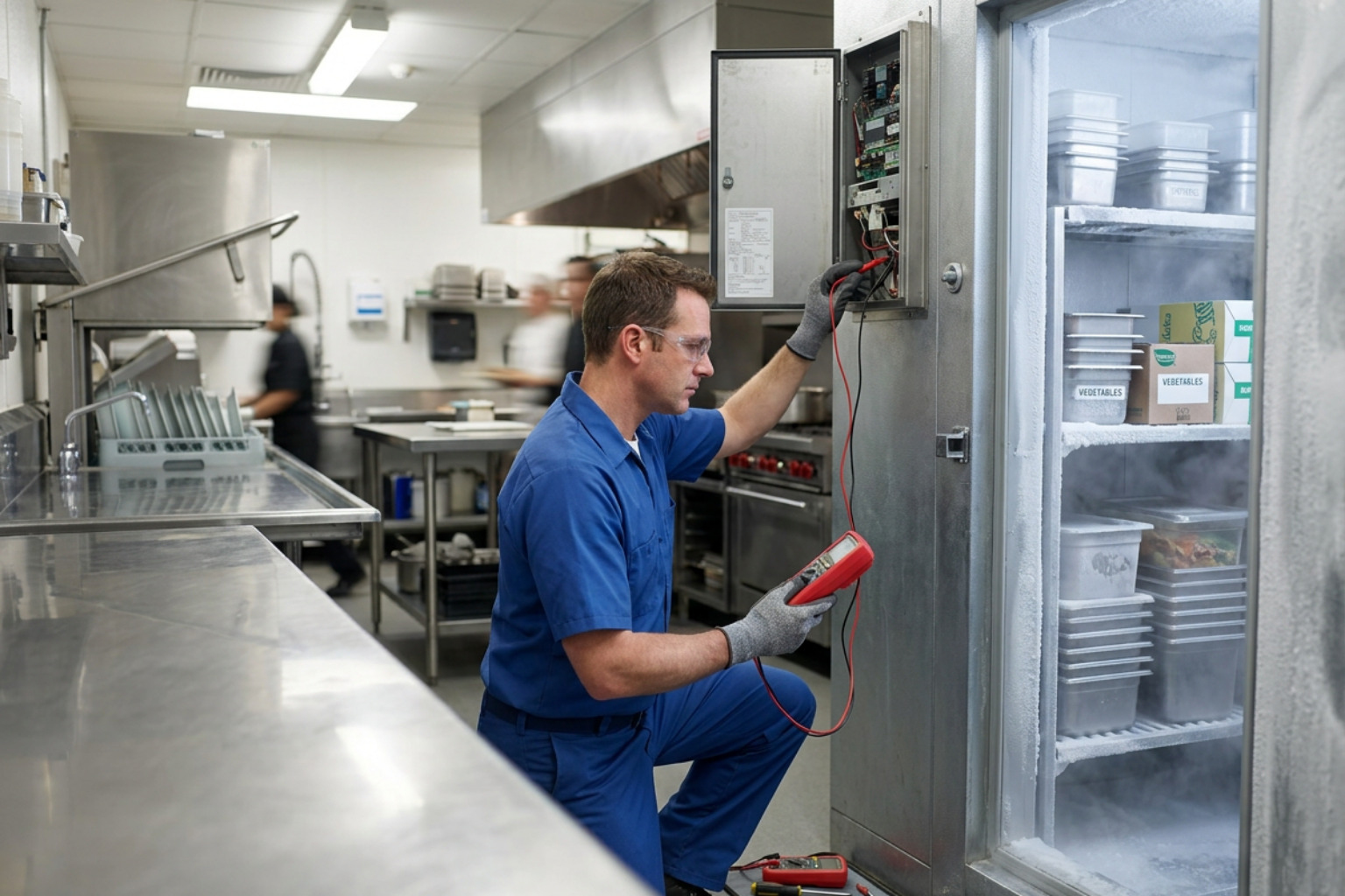 technician repairing commercial walk-in freezer technician repairing commercial walk-in freezer