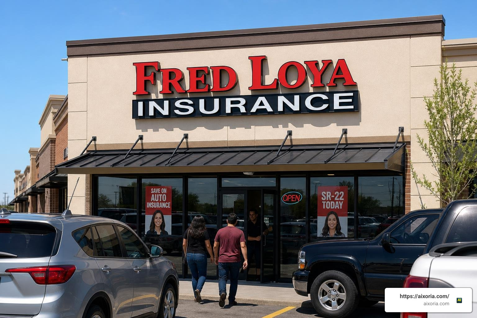 Fred Loya Insurance storefront in a busy retail strip mall