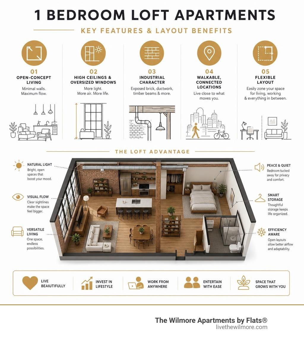 Infographic showing key features and layout benefits of 1 bedroom loft apartments infographic Infographic showing key features and layout benefits of 1 bedroom loft apartments infographic