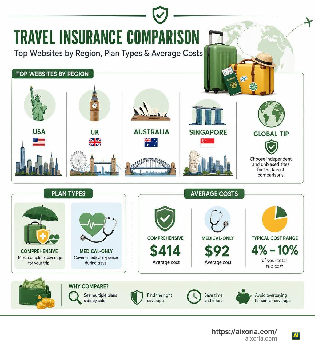 top travel insurance comparison websites by region, plan types, and average costs infographic