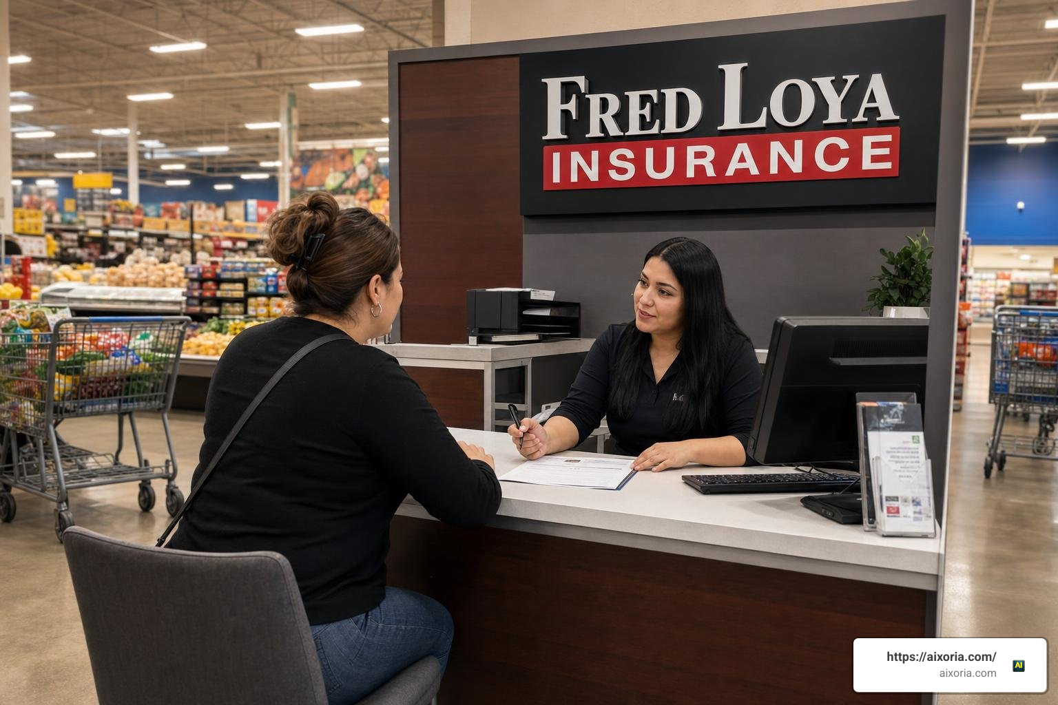 Fred Loya Insurance service desk located inside a major supermarket