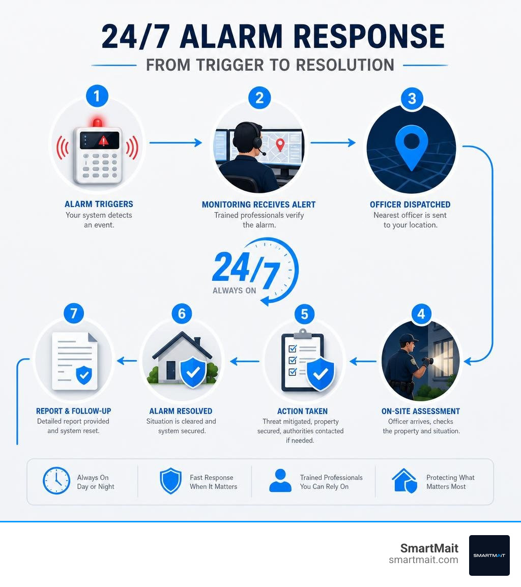 Infographic showing the 24/7 alarm response workflow from trigger to resolution infographic