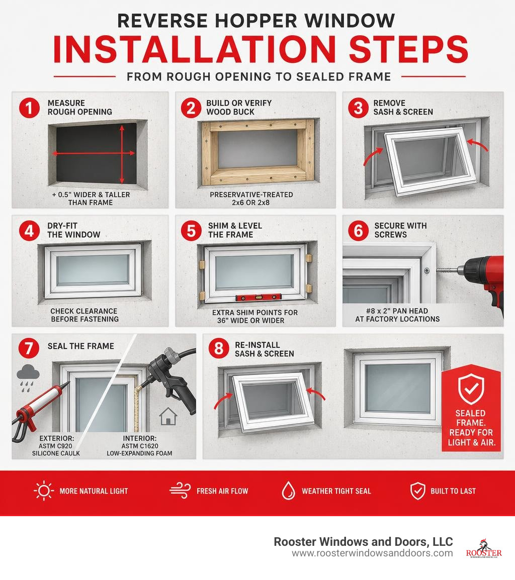 infographic showing reverse hopper window installation steps from rough opening to sealed frame infographic infographic showing reverse hopper window installation steps from rough opening to sealed frame infographic