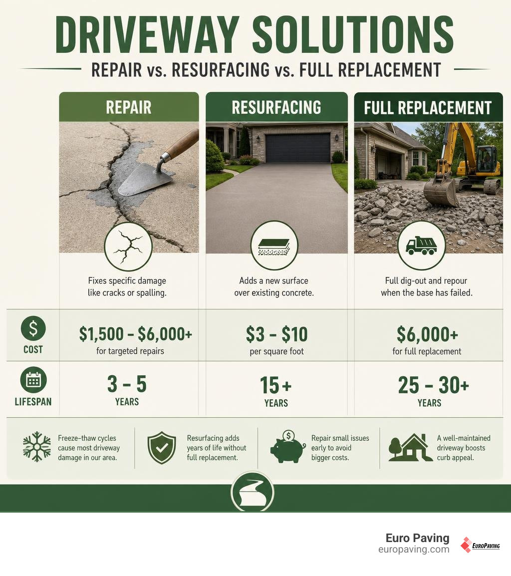 infographic showing the difference between driveway repair, resurfacing, and full replacement with cost ranges and lifespan