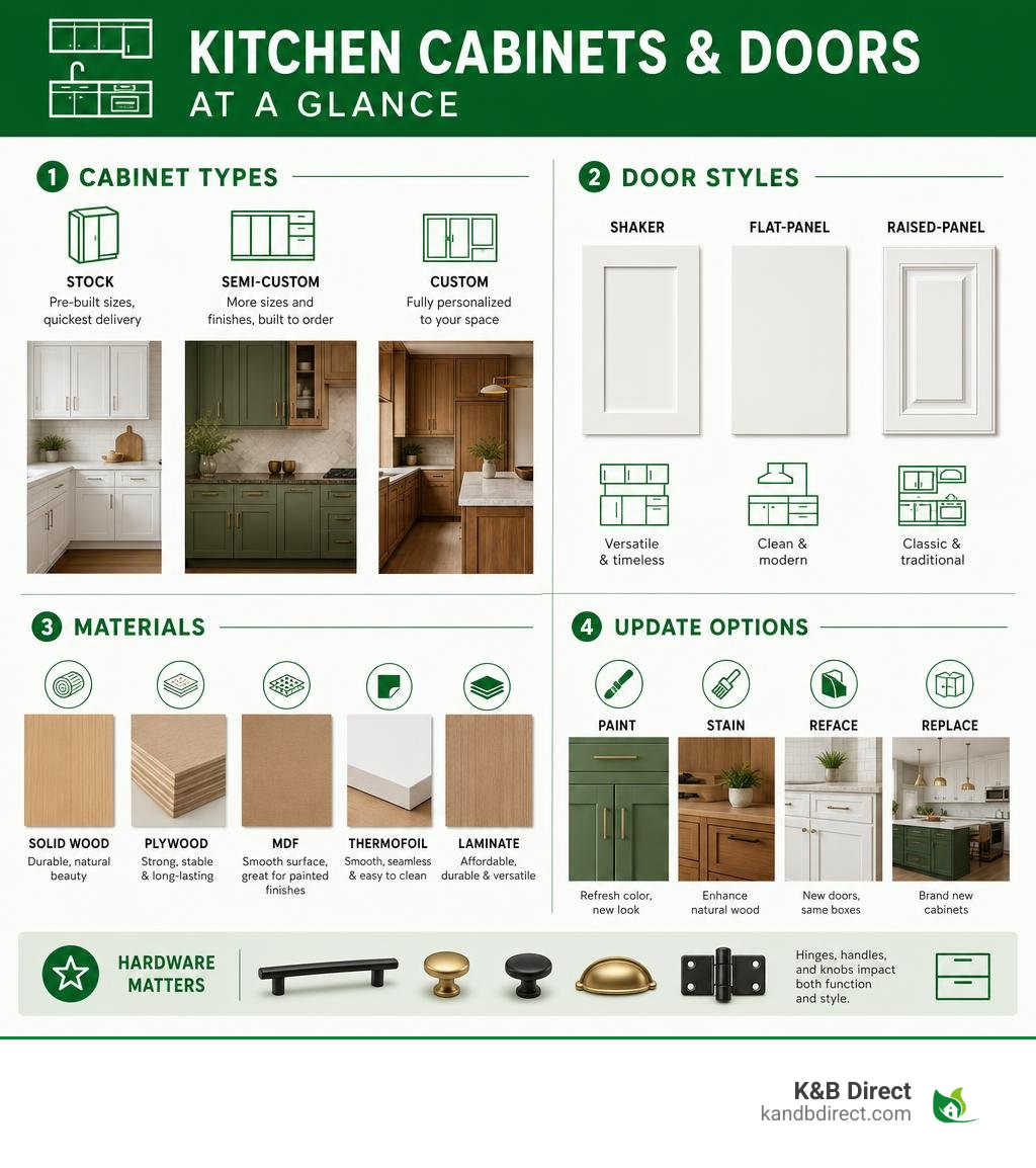 Infographic showing kitchen cabinet types, door styles, materials, and update options at a glance infographic