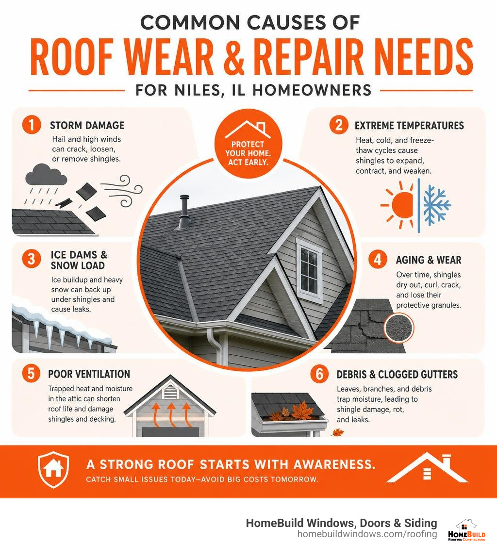 Infographic showing common causes of roof wear and repair needs for Niles IL homeowners infographic